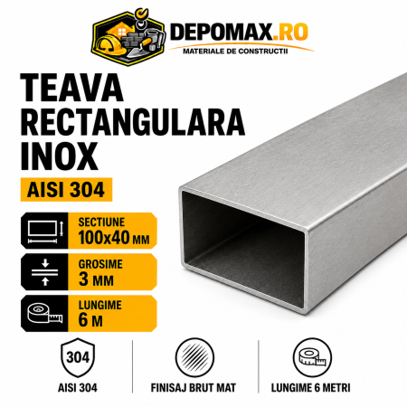 Teava rectangulara inox AISI 304, 100 x 40 x 3 mm, 6 metri